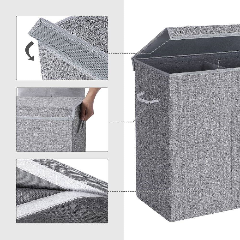 Grey Fabric MDF 2-Compartmant Laundry Hamper Basket with Removeable Cotton Bag