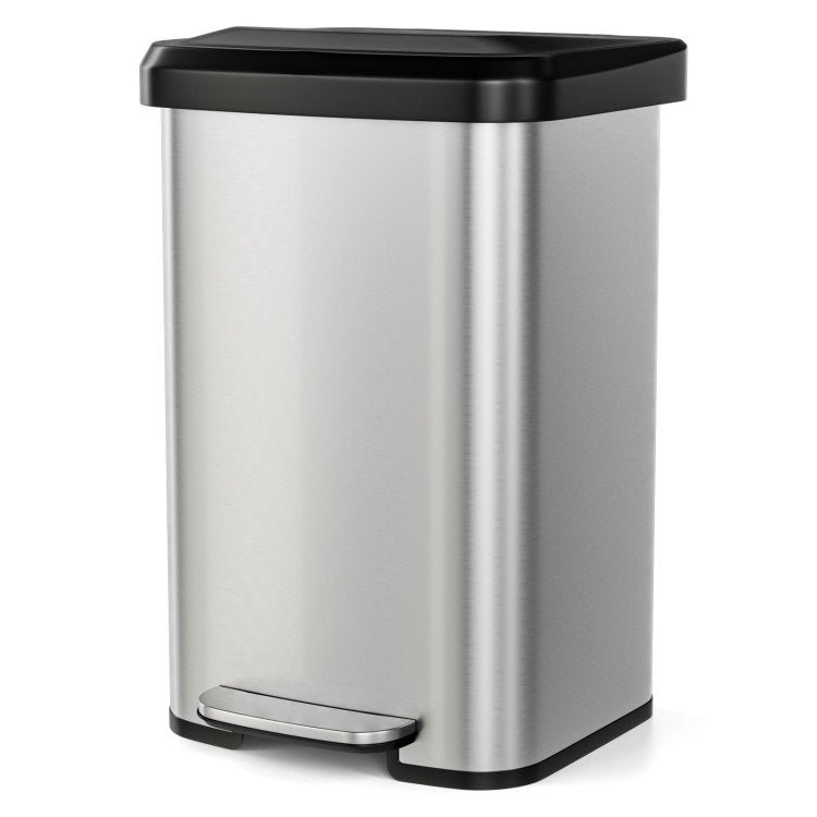 Shapelx 13-Gallon Silver Stainless Steel Step Trash Can with Soft Close Lid