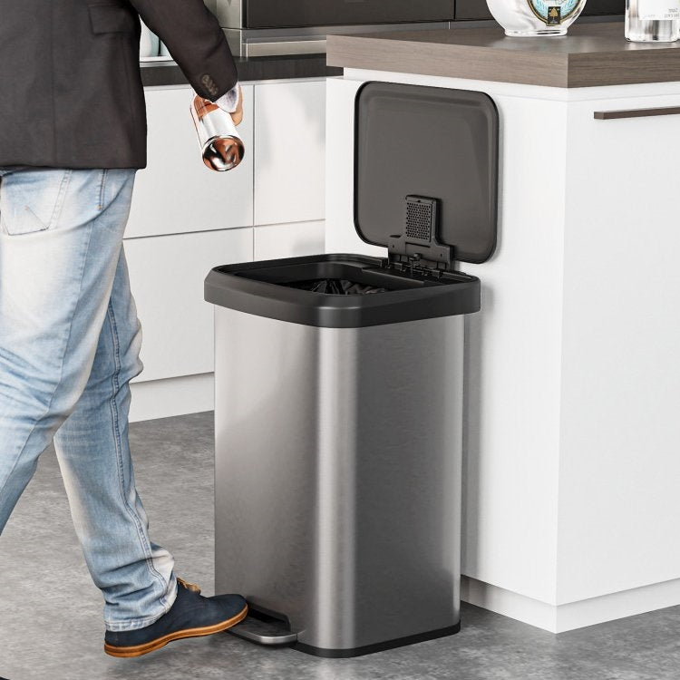 Shapelx 13-Gallon Silver Stainless Steel Step Trash Can with Soft Close Lid