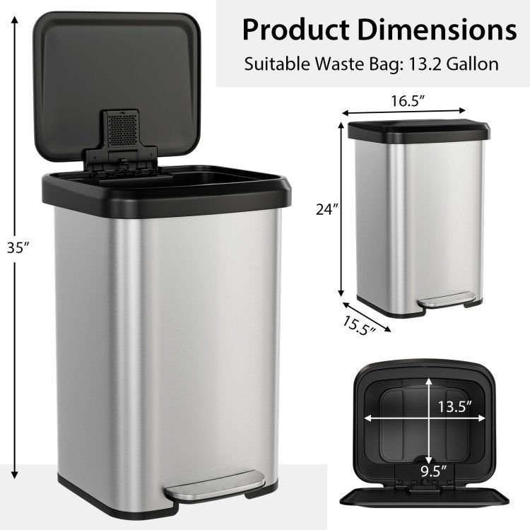 Shapelx 13-Gallon Silver Stainless Steel Step Trash Can with Soft Close Lid