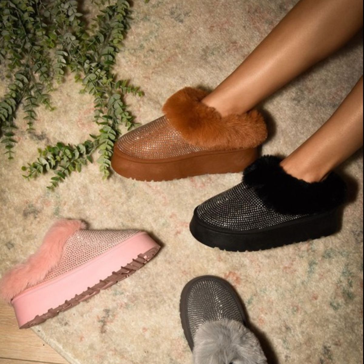 WILD DIVA Embellished Faux Fur Platform Booties