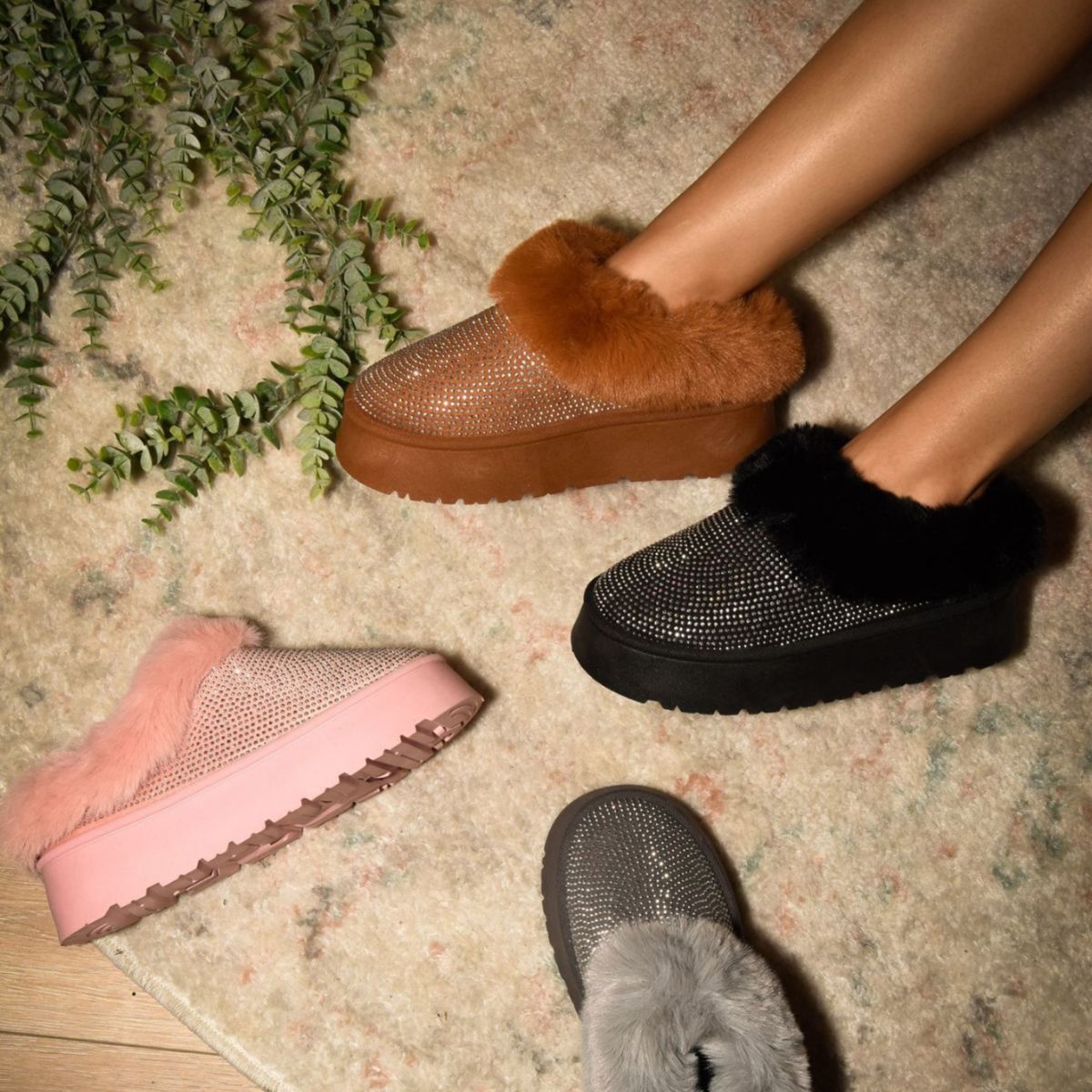 WILD DIVA Embellished Faux Fur Platform Booties